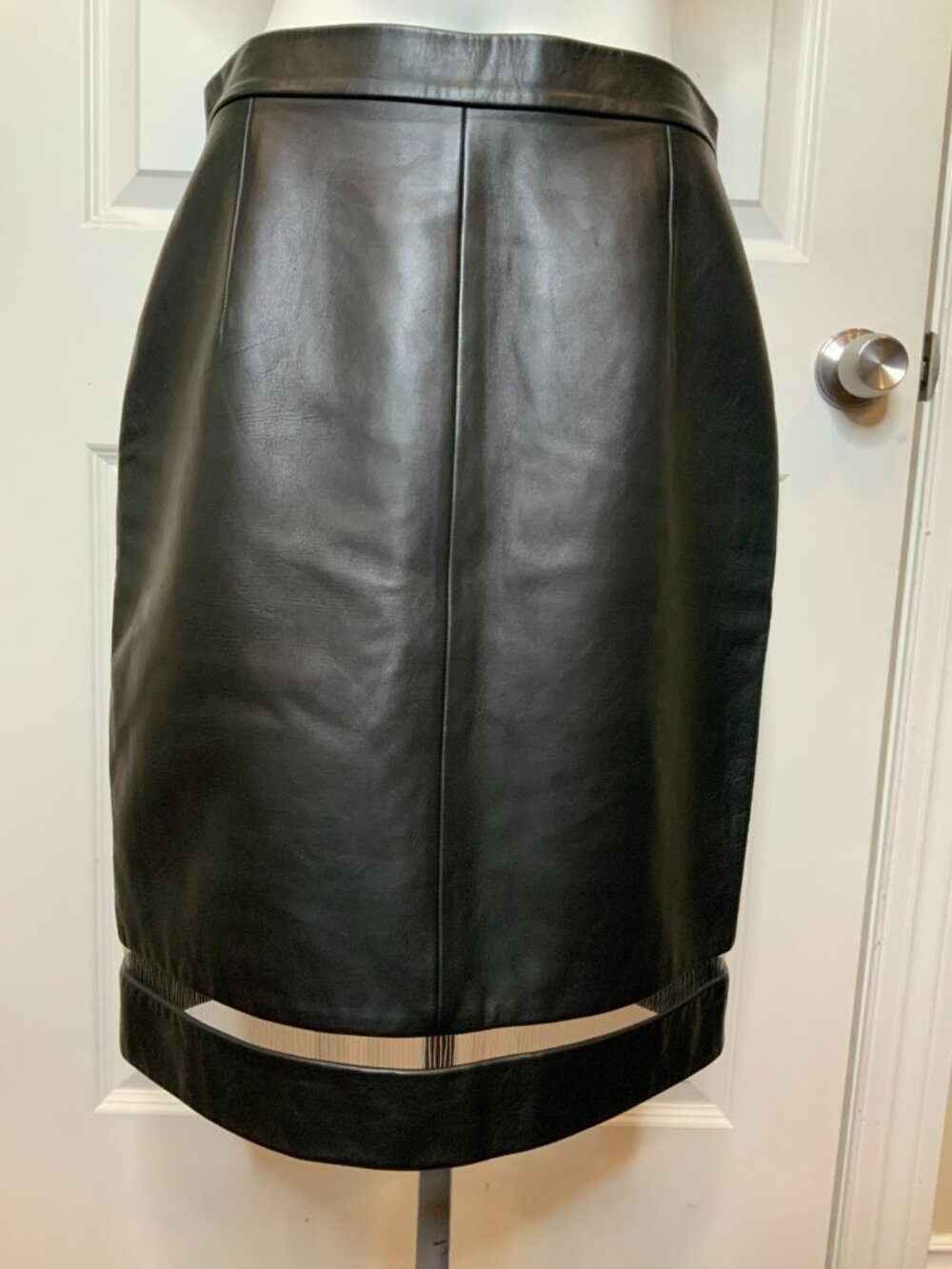 Alexander Wang Black 100% Lambskin Straight Skirt W/ Sheer Cut-Out Hem, Size 8